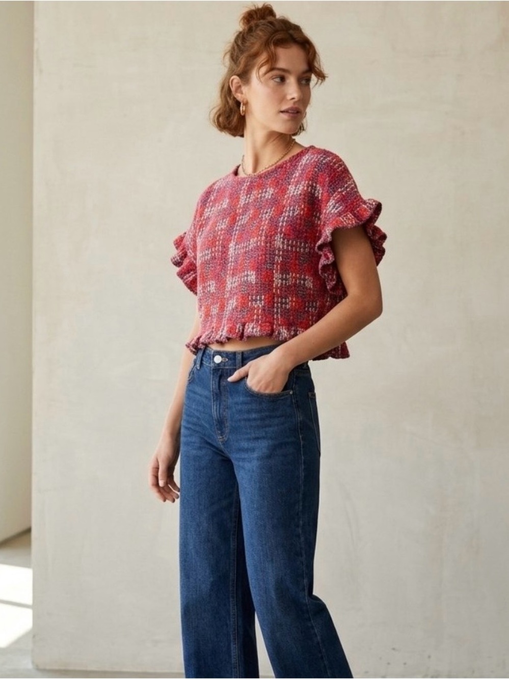 Zara Boucle Metallic Tweed Retro Red Plaid Crop Top Parisian Preppy Holiday S